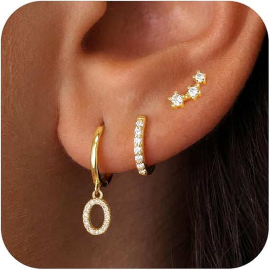 Christmas Gifts for Teen Girls Kids - 3 Pairs Gold Earrings for Women Huggie Hoop Earrings for Girls with Initial Dangle Cartilage Earring Studs Hypoallergenic Earring Set for Multiple Piercing JIAOGE