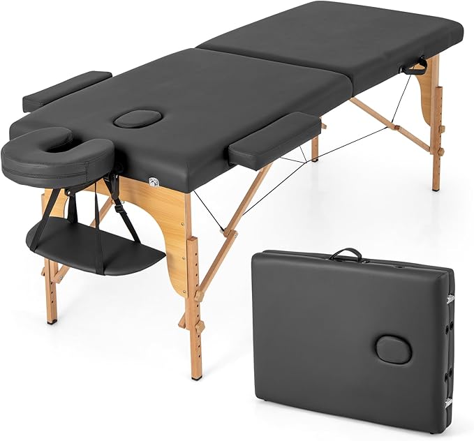 Giantex Massage Table, Portable Massage Bed w/Carrying Case, 2-Section Salon Spa Facial Care Tattoo Bed, Height Adjustable, Wood Frame, Professional Massage Lash Bed for Eyelash Extension (Black) Giantex