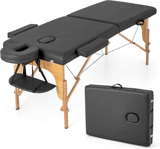 Giantex Massage Table, Portable Massage Bed w/Carrying Case, 2-Section Salon Spa Facial Care Tattoo Bed, Height Adjustable, Wood Frame, Professional Massage Lash Bed for Eyelash Extension (Black) Giantex