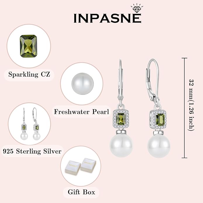 Pearl Drop Earrings Dangling 925 Sterling Silver Emerald Cut Leverback Earrings Birthstone Jewelry for Women INPASNE