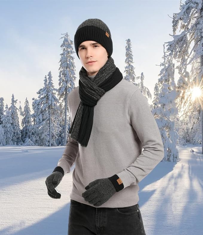 JTJFIT Winter Warm Knit Beanie Hat Long Neck Scarf Touchscreen Gloves Set with Knit Fleece Lined Skull Caps for Men JTJFIT