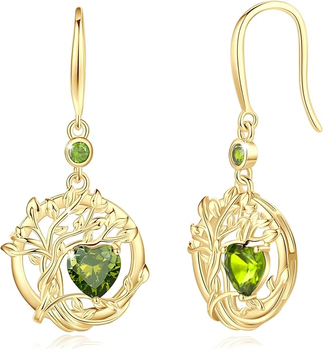 FANCIME Tree of Life Dangle Drop Earrings 925 Sterling Silver Dainty Round Gemstone Birthstone Earring Fine Jewelry Birthday Christmas Gifts for Her Women FANCIME