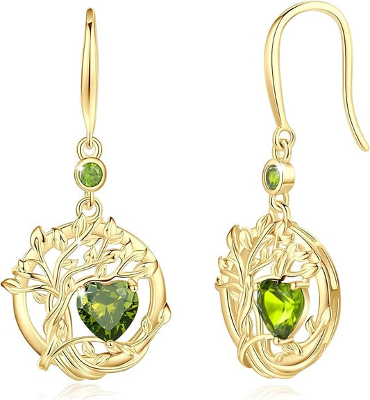 FANCIME Tree of Life Dangle Drop Earrings 925 Sterling Silver Dainty Round Gemstone Birthstone Earring Fine Jewelry Birthday Christmas Gifts for Her Women FANCIME