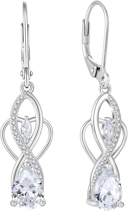 Infinity Butterfly Earrings 925 Sterling Silver Birthstone Dangle Drop Leverback Earrings Cubic Zirconia Hypoallergenic Jewelry Birthday Christmas Gifts for Women Mother Wife Her FYNSBLE