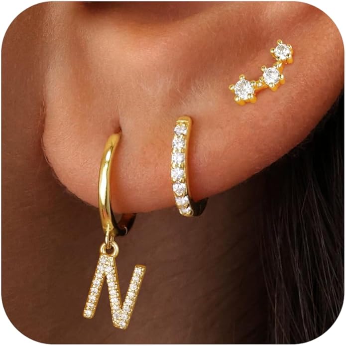 Christmas Gifts for Teen Girls Kids - 3 Pairs Gold Earrings for Women Huggie Hoop Earrings for Girls with Initial Dangle Cartilage Earring Studs Hypoallergenic Earring Set for Multiple Piercing JIAOGE