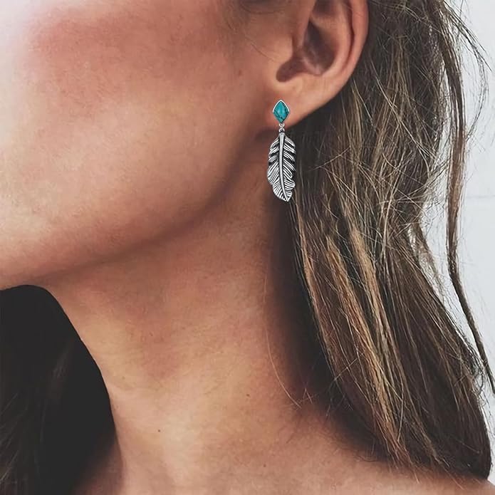 Genuine Turquoise Leaf Earrings, Sterling Silver Dangle Drop Vintage Boho Feather Earrings Birthday Gift for Women DOLIOX