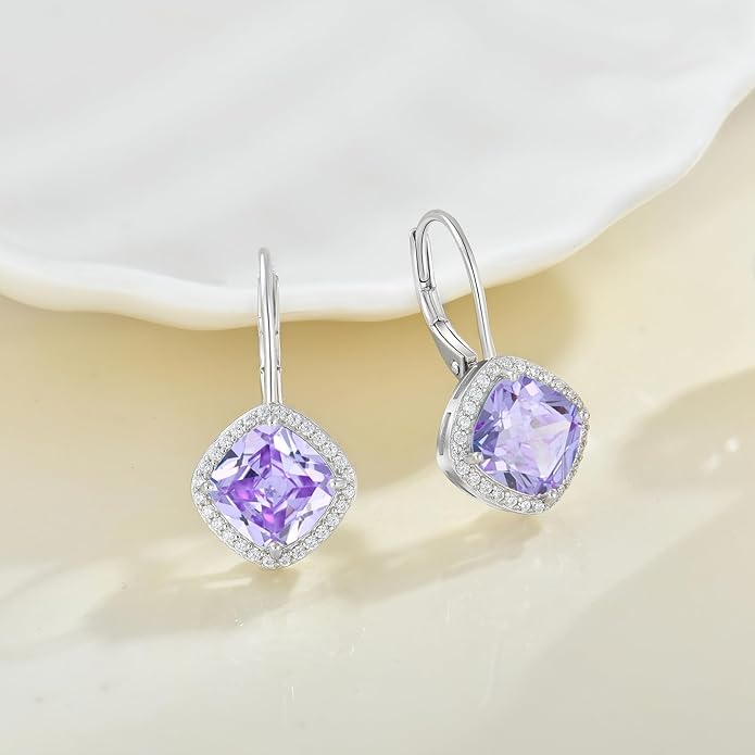 Square Princess Cut Dangle Drop Earrings 925 Sterling Silver Halo Solitaire Leverback Earrings Birthstone Jewelry for Women LWSARY