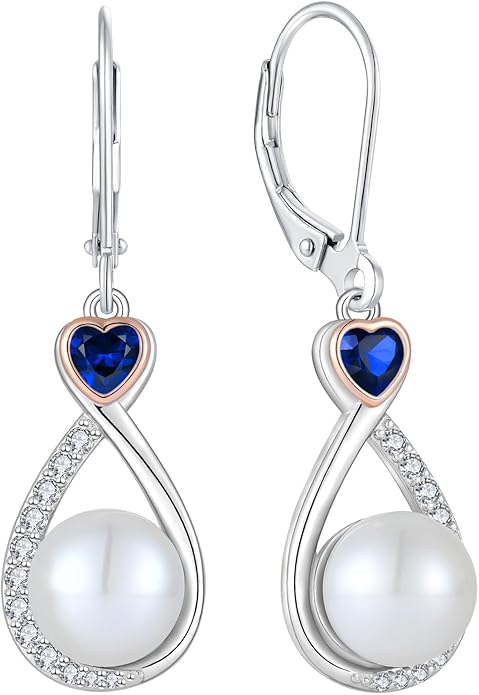 Heart Birthstone Pearl Earrings, 925 Sterling Silver Infinity Dangle Drop Leverback Earrings, 9mm Freshwater Cultured Pearl & 4mm Gemstone Jewelry Valentine's Day Gift for Women VESHONJEWELRY