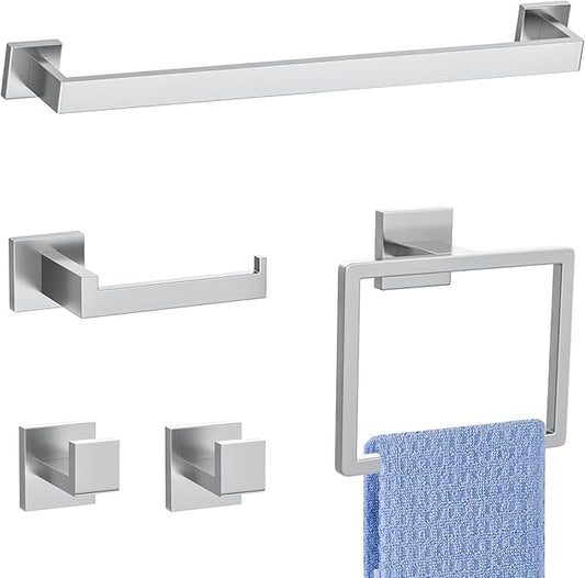 5 Pieces Brushed Nickel Towel Bar Set Bathroom Hardware Accessories Set Include 23.6 Inch Towel Bar Toilet Paper Holder Towel Ring Coat Hooks SUS304 Stainless Steel Wall Mounted Towel Holder Set Woekme