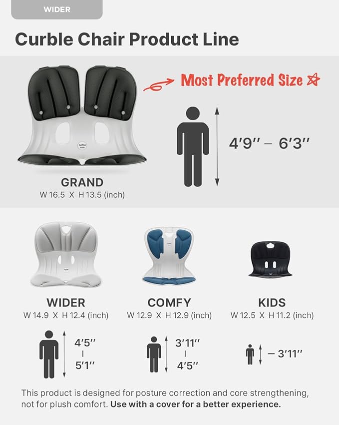 Curble Wider(Standard Wide) – Ergonomic Lower Back Support, Lumbar Support Back Posture Corrector for Low Back Pain Relief, Perfect for Home Office Desk Chair, and Floor Seat, Patented (Black) curble