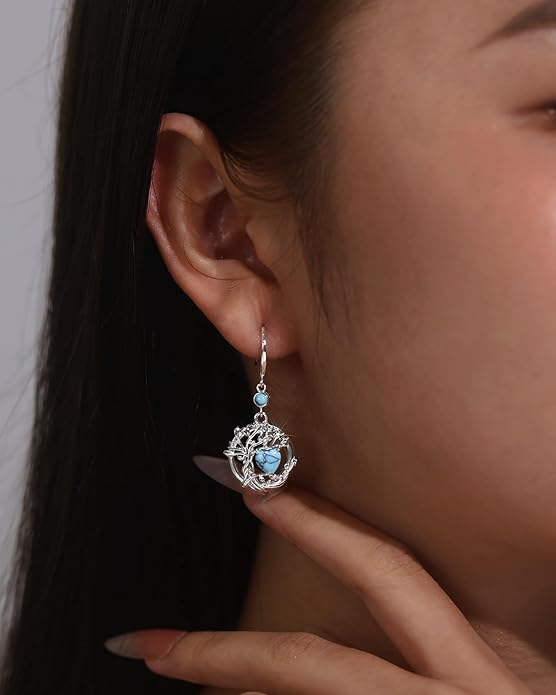 FANCIME Tree of Life Dangle Drop Earrings 925 Sterling Silver Dainty Round Gemstone Birthstone Earring Fine Jewelry Birthday Christmas Gifts for Her Women FANCIME