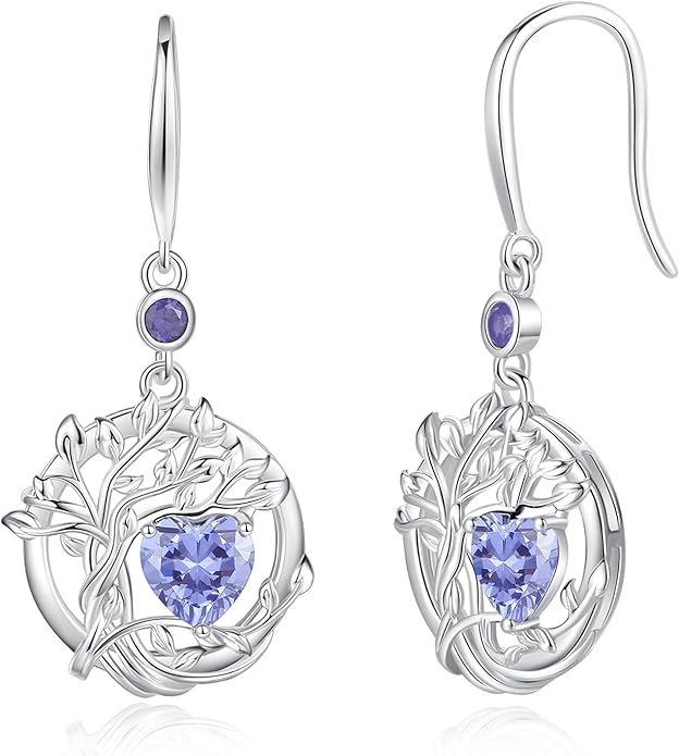 FANCIME Tree of Life Dangle Drop Earrings 925 Sterling Silver Dainty Round Gemstone Birthstone Earring Fine Jewelry Birthday Christmas Gifts for Her Women FANCIME