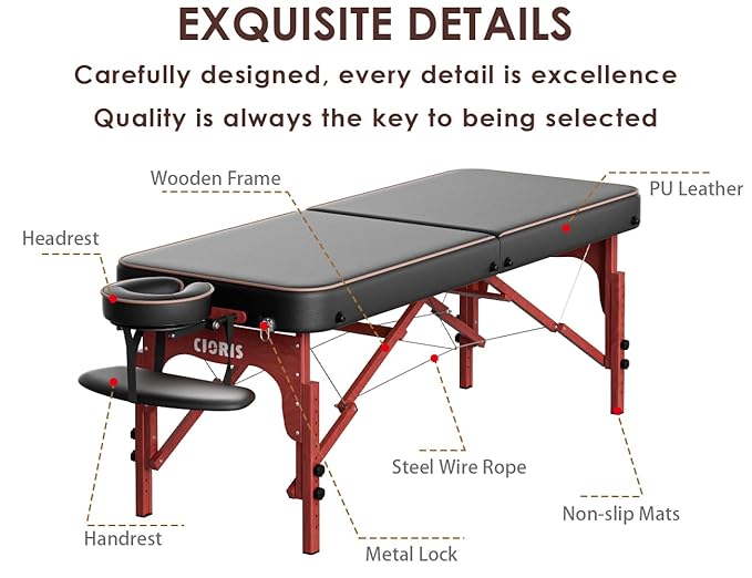 CLORIS 84" Professional Massage Table Portable Reinforced Wooden Leg Hold Up to 1100LBS 2 Folding Lightweight Spa Salon Tattoo Massage Bed Height Adjustable with Carrying Bag - Black CLORIS-Direct