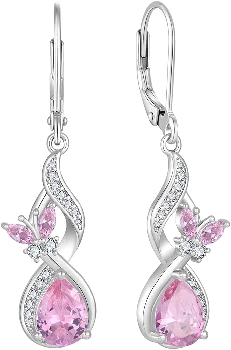 Infinity Butterfly Earrings 925 Sterling Silver Birthstone Dangle Drop Leverback Earrings Cubic Zirconia Hypoallergenic Jewelry Birthday Christmas Gifts for Women Mother Wife Her FYNSBLE