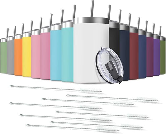 16 Pack 20 Oz Stainless Steel Skinny Tumbler with Splash Proof Lid, Vacuum Insulated Double Wall Thermal Cup, Outdoor Unbreakable Travel Slim Bottle for Hot Cold Drinks