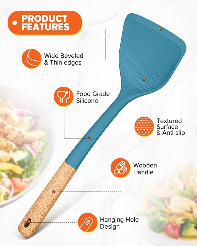 Silicone Cooking Utensils Set, Perfectly Angled for Frying, Mixing,Serving,Draining,Turning and Stirring, BPA-Free Matte Silicone, Wood Handles, Safe for Nonstick Cooking Surfaces,4 Pack (Blue) BADIANO