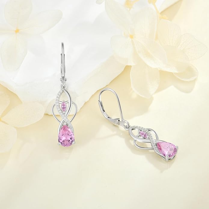Infinity Butterfly Earrings 925 Sterling Silver Birthstone Dangle Drop Leverback Earrings Cubic Zirconia Hypoallergenic Jewelry Birthday Christmas Gifts for Women Mother Wife Her FYNSBLE
