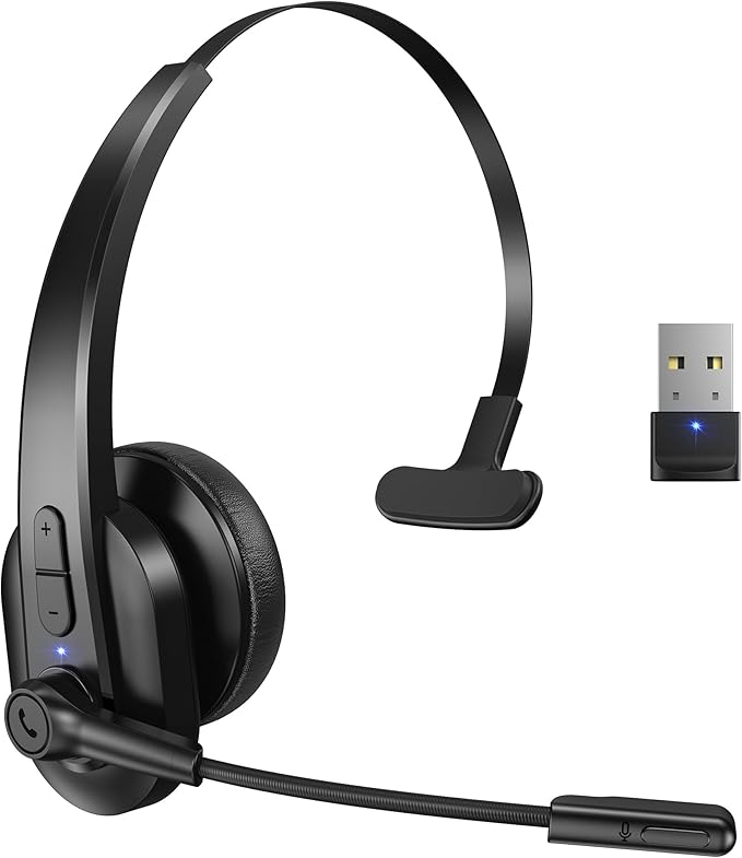 Bluetooth Headset with USB Dongle for Computer, Single-Ear Wireless Headset with Noise Cancelling Microphone for Office & Truckers, Bluetooth V5.2 with Mute Button for Work Sarevile