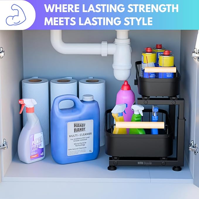 Premium Heavy Duty Carbon Steel Under Sink Organizer, 2 Tier Pull Out Cabinet Organizer, 7 Adjustable Heights with Smooth Ball Bearing Sliding Baskets for Bathroom & Kitchen HTHGoods