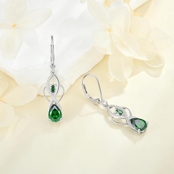 Infinity Butterfly Earrings 925 Sterling Silver Birthstone Dangle Drop Leverback Earrings Cubic Zirconia Hypoallergenic Jewelry Birthday Christmas Gifts for Women Mother Wife Her FYNSBLE