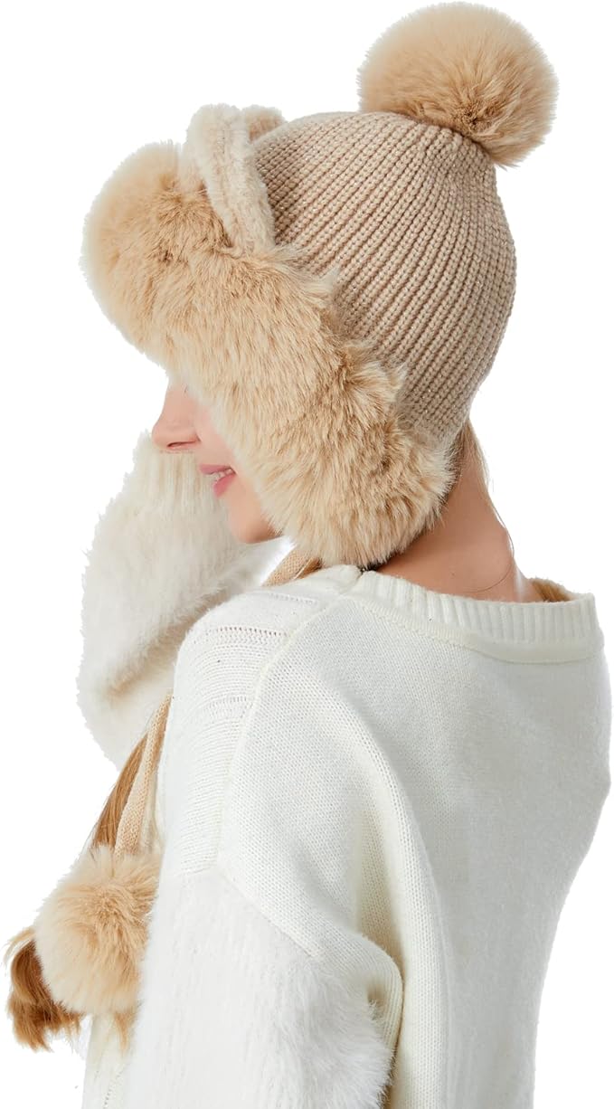 Women Winter Peruvian Cover Ears Beanie Hat Ear Flaps Sherpa Ski Snow Hats Knit Fleece Lined 3 Pom Pom HUAMULAN