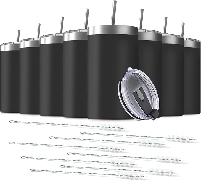 8 Pack 20 Oz Stainless Steel Skinny Tumbler with Splash Proof Lid, Vacuum Insulated Double Wall Thermal Cup, Outdoor Unbreakable Travel Slim Bottle for Hot Cold Drinks