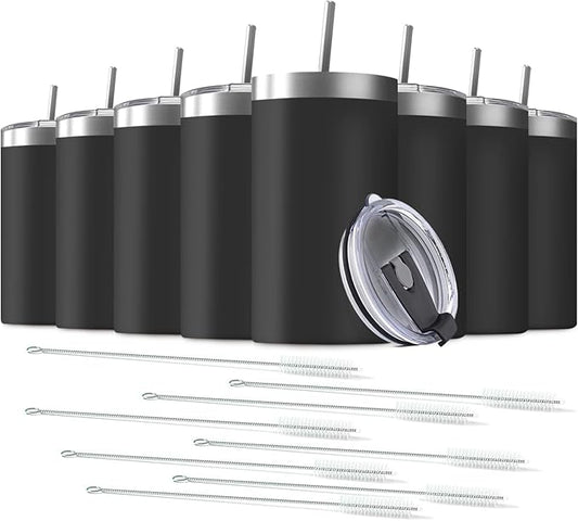 8 Pack 20 Oz Stainless Steel Skinny Tumbler with Splash Proof Lid, Vacuum Insulated Double Wall Thermal Cup, Outdoor Unbreakable Travel Slim Bottle for Hot Cold Drinks