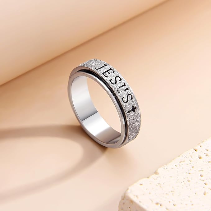 OreilleStar Fidget Spinner Anxiety Ring for Women: Fidget Toys Adults Cute Jesus Thumb Ring Stainless Steel Gold Silver Size 5 6 7 8 9 10 (Silver, 9)