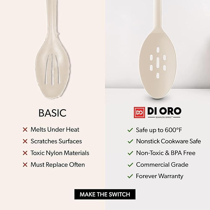 DI ORO Silicone Spoons for Cooking - Large Kitchen Spoons for Mixing, Serving, & Stirring - 600°F Heat-Resistant Non Stick Utensils – Big Solid & Slotted Basting Spoons - Dishwasher Safe (2pc, Clay) DIORO