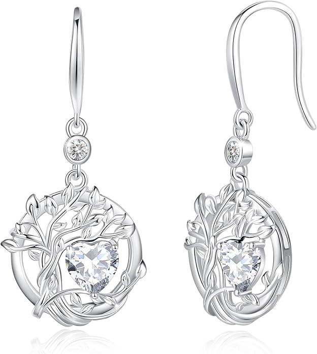 FANCIME Tree of Life Dangle Drop Earrings 925 Sterling Silver Dainty Round Gemstone Birthstone Earring Fine Jewelry Birthday Christmas Gifts for Her Women FANCIME