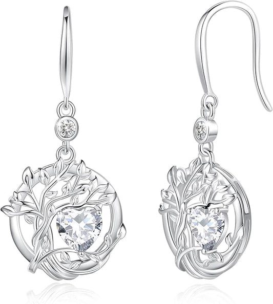 FANCIME Tree of Life Dangle Drop Earrings 925 Sterling Silver Dainty Round Gemstone Birthstone Earring Fine Jewelry Birthday Christmas Gifts for Her Women FANCIME