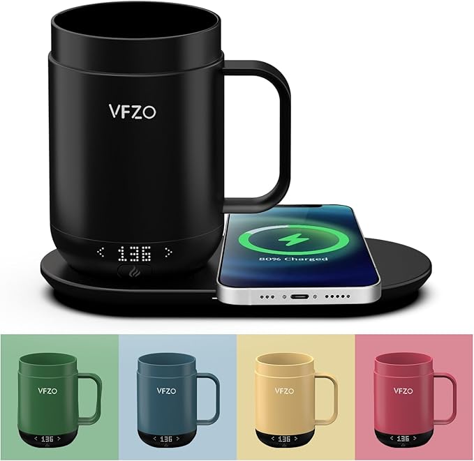 16Oz Temperature Control Smart Mug, Self Heating Coffee Mug LED Display, 180 Min Battery Life - Hot up to 149℉ Fast Wireless Charger Base Improved Design coffee serving sets mug(16oz, Black) VFZO