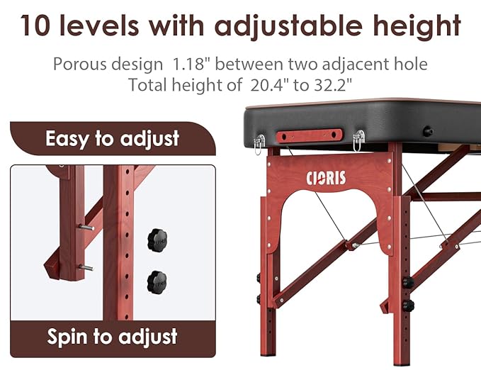 CLORIS 84" Professional Massage Table Portable Reinforced Wooden Leg Hold Up to 1100LBS 2 Folding Lightweight Spa Salon Tattoo Massage Bed Height Adjustable with Carrying Bag - Black CLORIS-Direct