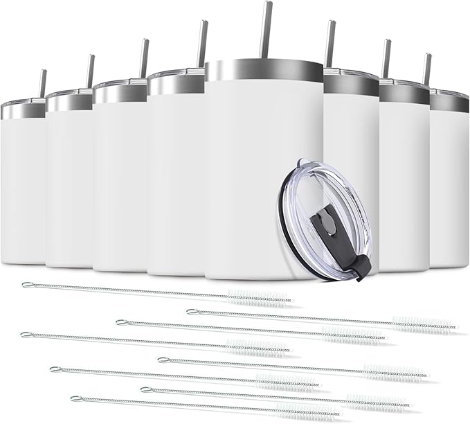 8 Pack 20 Oz Stainless Steel Skinny Tumbler with Splash Proof Lid, Vacuum Insulated Double Wall Thermal Cup, Outdoor Unbreakable Travel Slim Bottle for Hot Cold Drinks