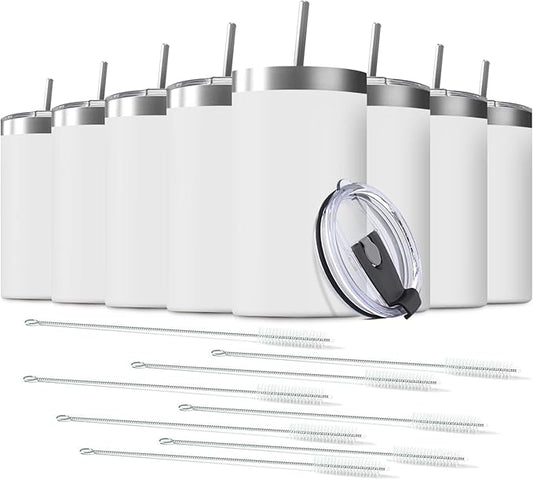 8 Pack 20 Oz Stainless Steel Skinny Tumbler with Splash Proof Lid, Vacuum Insulated Double Wall Thermal Cup, Outdoor Unbreakable Travel Slim Bottle for Hot Cold Drinks