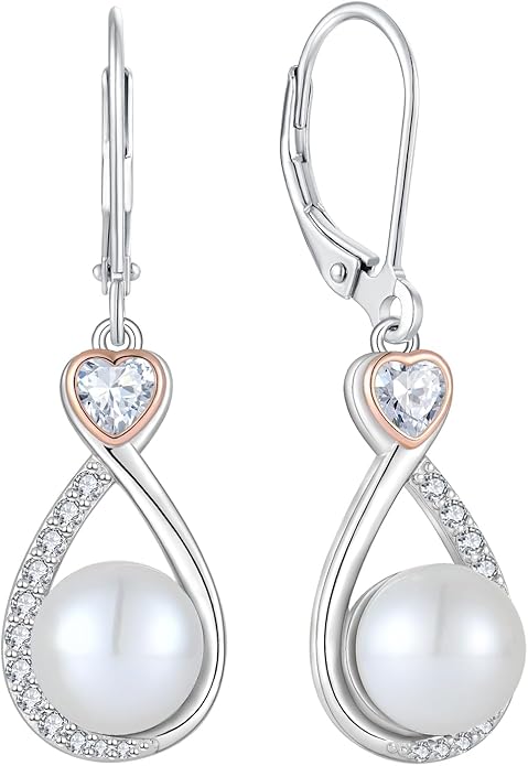 Heart Birthstone Pearl Earrings, 925 Sterling Silver Infinity Dangle Drop Leverback Earrings, 9mm Freshwater Cultured Pearl & 4mm Gemstone Jewelry Valentine's Day Gift for Women VESHONJEWELRY