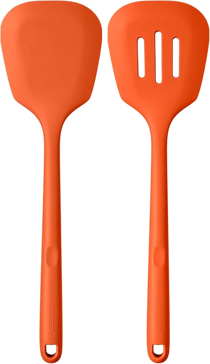 600ºF Heat Resistant Silicone Turners: U-Taste 13.6in Long Solid & Slotted Kitchen Spatula Flipper, Large Flexible Cooking Utensil for Flipping Egg, Pancake in Nonstick Cookware(Orange, 2PCS) U-Taste
