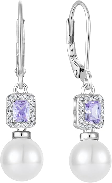 Pearl Drop Earrings Dangling 925 Sterling Silver Emerald Cut Leverback Earrings Birthstone Jewelry for Women INPASNE