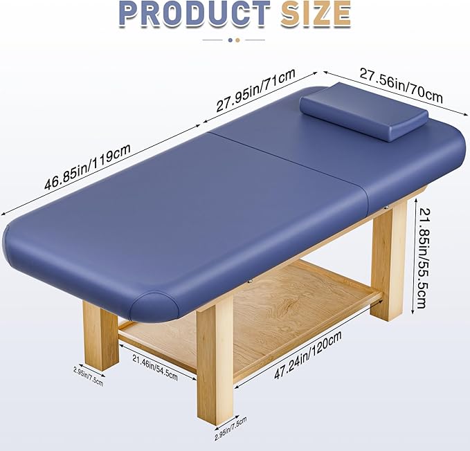 Stationary Massage Table with Memory Foam, Massage TattooTable with Adjustable Height, Facial Bed for Esthetician, PU Leather for Physical Therapy & Spa (Wood/Blue, 75''L x 28''W x 25''H) Kick Boosters