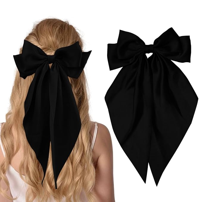 Large Blcak Satin Hair Bows Hair Ribbon Barrettes Cute for Girls with Long Tails Women's Hair Accessories Gifts (black) Egowry