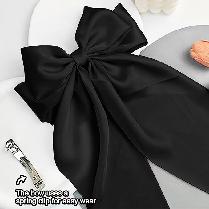 Large Blcak Satin Hair Bows Hair Ribbon Barrettes Cute for Girls with Long Tails Women's Hair Accessories Gifts (black) Egowry