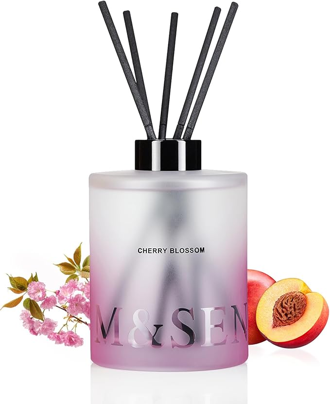 M&SENSE Cherry Blossom Reed Diffuser Set - 16.9 fl oz Long-Lasting Scent, Non-Toxic Natural Essential Oil Diffuser with Sticks, Home Fragrance Diffuser Gift for Office Bathroom Bedroom MSENSE