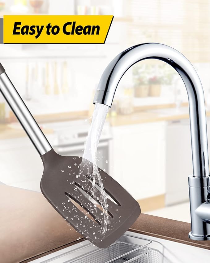 Pack of 2 Silicone Solid Turner, Non Stick Slotted Kitchen Spatulas, High Heat Resistant BPA Free Cooking Utensils, Ideal Cookware for Fish, Eggs, Pancakes(Chocolate) BUNDLEPRO