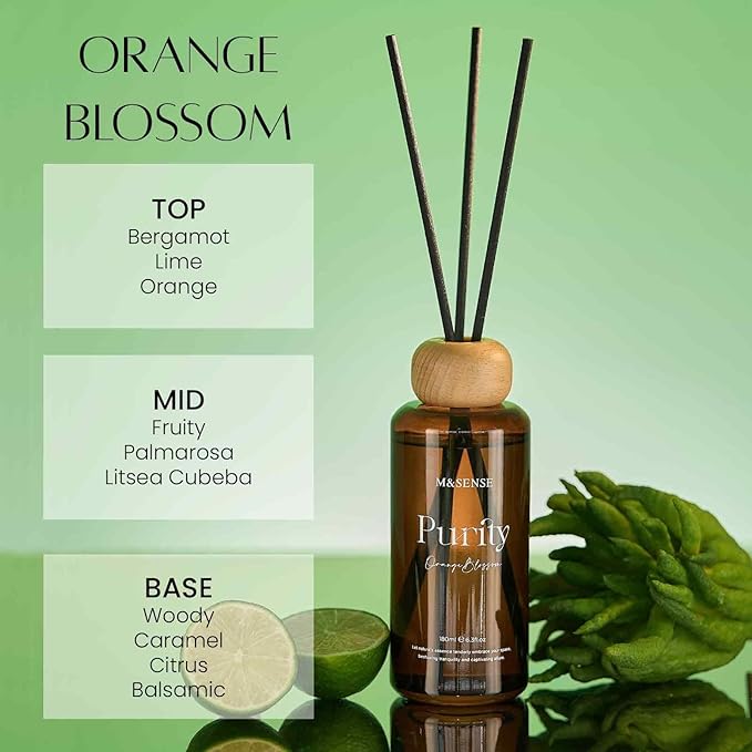 M&SENSE Orange Blossom Reed Diffuser: 6.3 fl oz Non-Toxic Aroma Set with Sticks, Light & Subtle Fragrance, Long-Lasting Natural Essential Oil Gifts for Bedroom, Shelf Decor & Small Spaces MSENSE