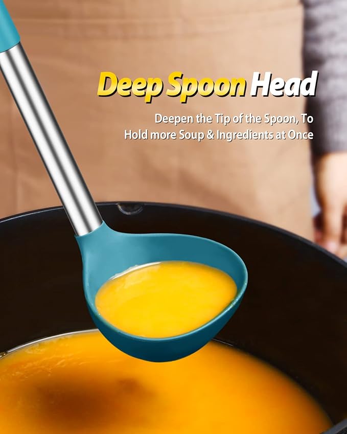 Silicone Pasta Fork and Ladle Spoon Set, Large Non Stick Kitchen Utensils for Cooking,Stirring,Serving Spaghetti, Soup, Sauce (BLUE) BUNDLEPRO