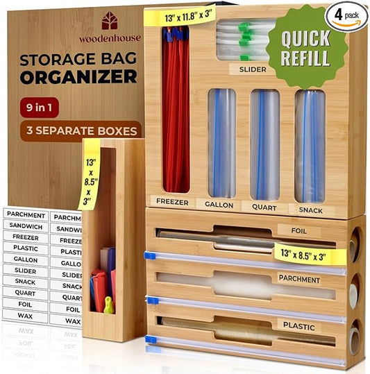 Kitchen Drawer Organizer, 9 in 1 Sandwich Storage Bag Organizer & Foil Wrap Dispenser - Fits Gallon, Quart, Snack - Plastic Bag Storage for Kitchen Organization [Measure Your Drawer Before Ordering] Woodenhouse