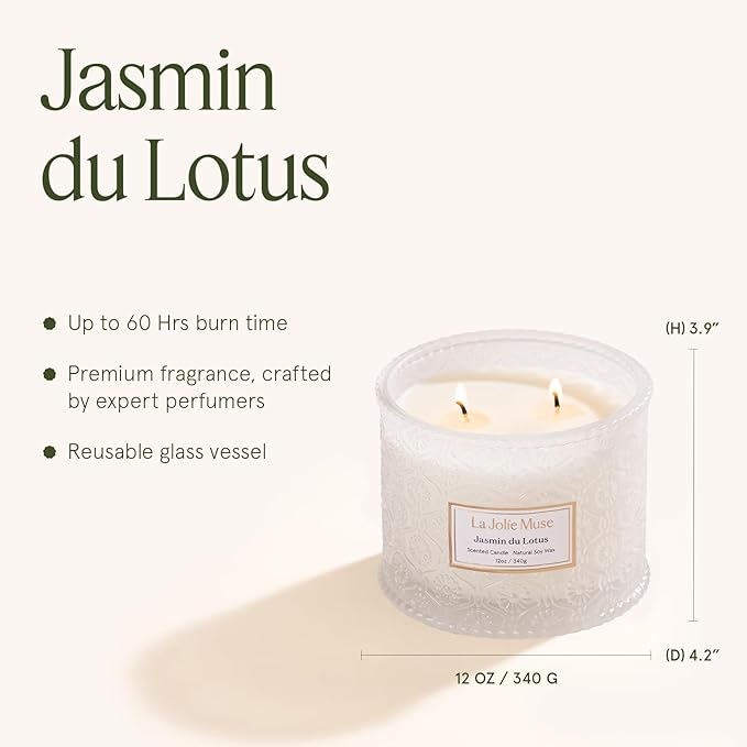 LA JOLIE MUSE Jasmin du Lotus Candle - Ivy, Jasmine, Cedarwood | 12 oz Large 2-Wick Soy Wax Candle | 60 Hours Clean Burn | Floral Scented Candle | Gift-Ready for Hosts & Gatherings LaJol%C3%ADeMuse