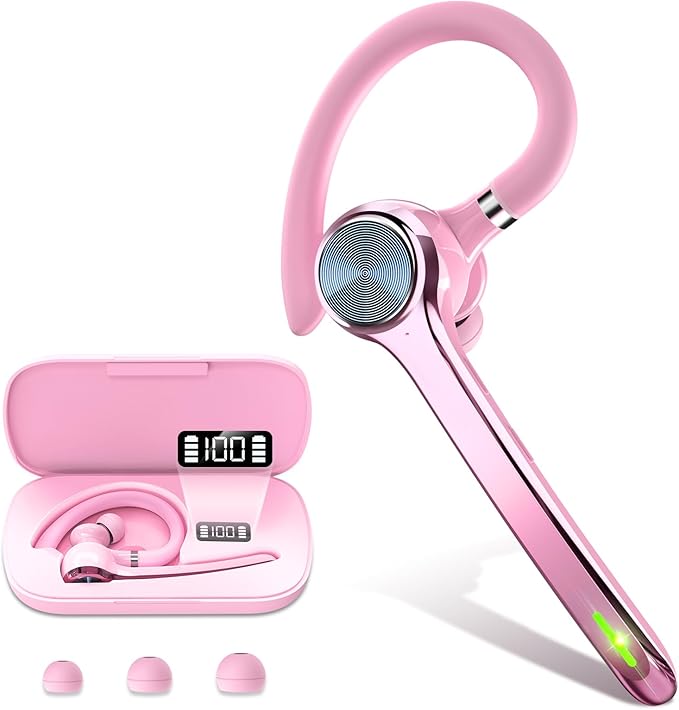 HEIBAS Bluetooth Headset, Wireless Bluetooth Earpiece with 500mAh Charging Case 72 Hours Talking Time Built-in Microphone for iOS Android Cell Phone, V5.1 Hand-Free Headphones for Trucker, Office-Pink HEIBAS