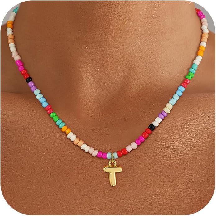 Christmas Gifts for Grandkids Teens Girls - Bubble Colorful Initial Necklaces for Women Teen Girl Trendy Stuff Beaded Initial Necklace Birthday Gifts Stocking Stuffers for Teen Girls Women Maxcate