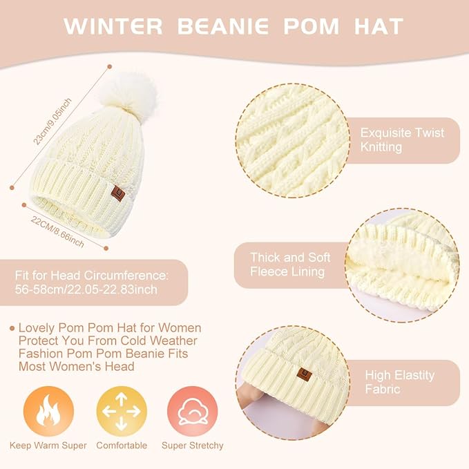 Womens Winter Warm Beanie Hat Long Scarf Touchscreen Gloves Set with Fleece Lined Skull Pom Caps 3 in 1 Set for Gift Kick Boosters